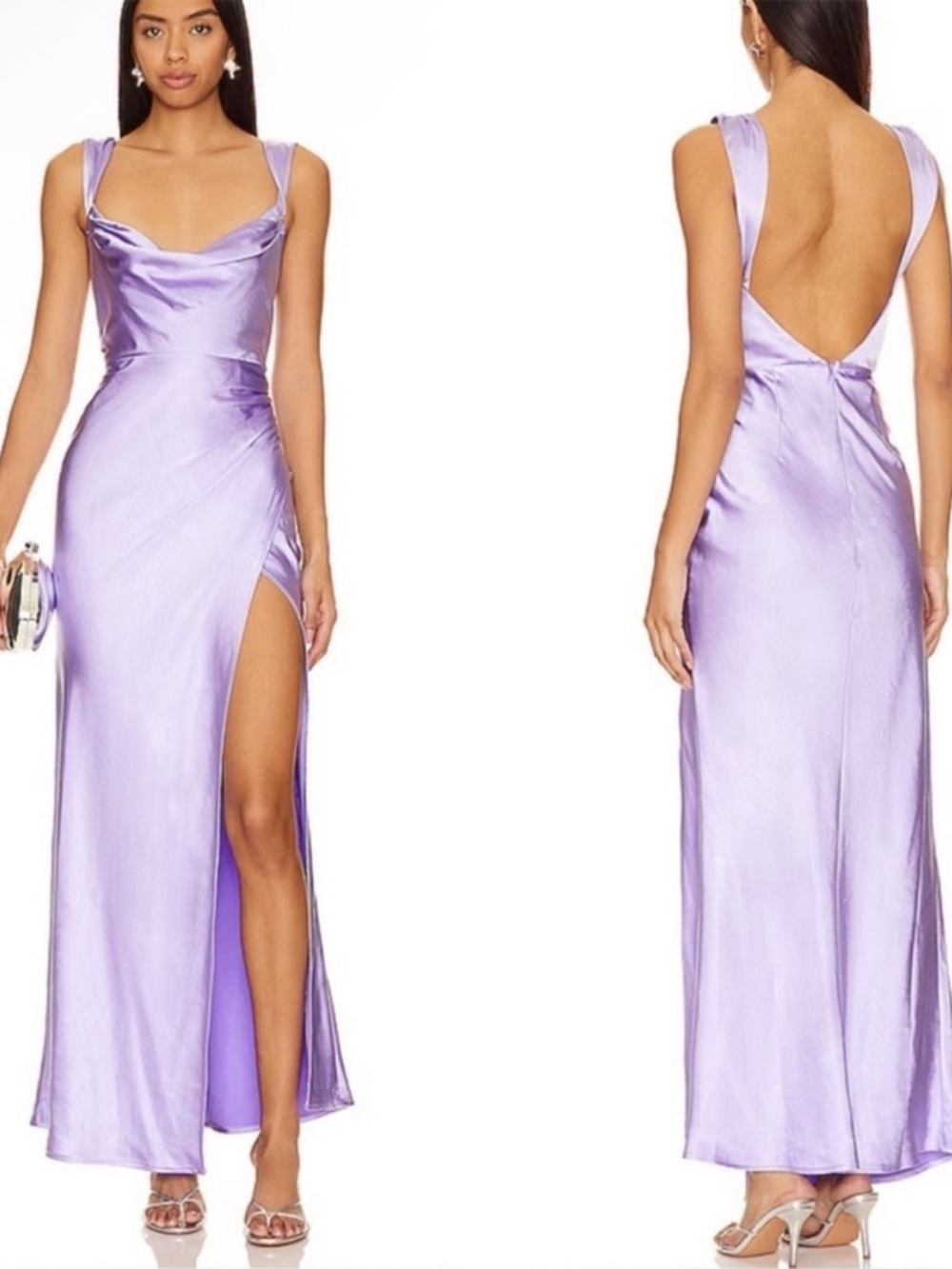 Runaway the Label Havanna Lilac Lavender Satin Cowl-Back Evening Gown NWT